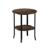 Round side table in rustic brown with a 2-tier design, featuring a storage shelf and carbon steel support for stability.