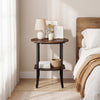 Round side table in rustic brown with a storage shelf, ideal as a nightstand for small spaces.