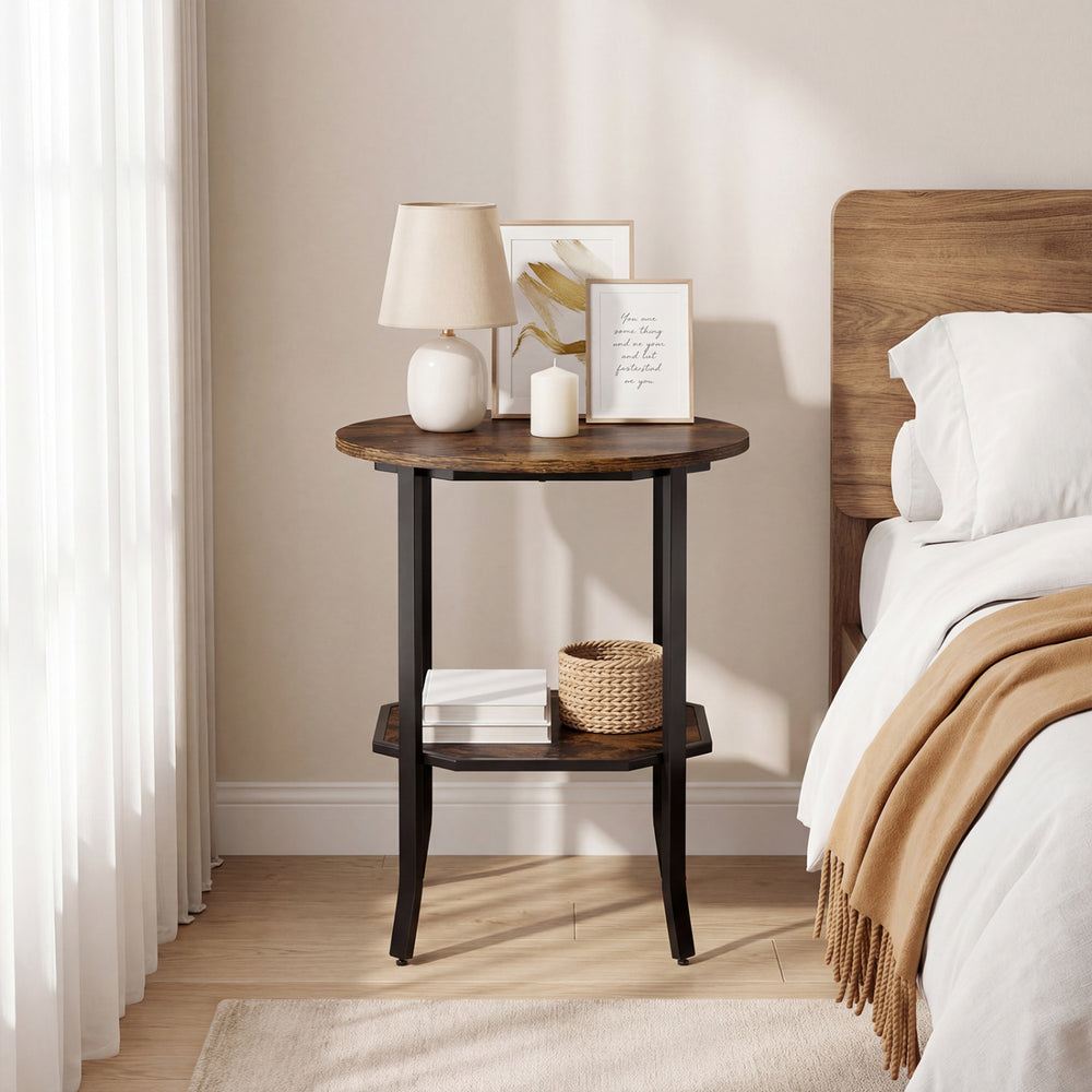 Round side table in rustic brown with a storage shelf, ideal as a nightstand for small spaces.