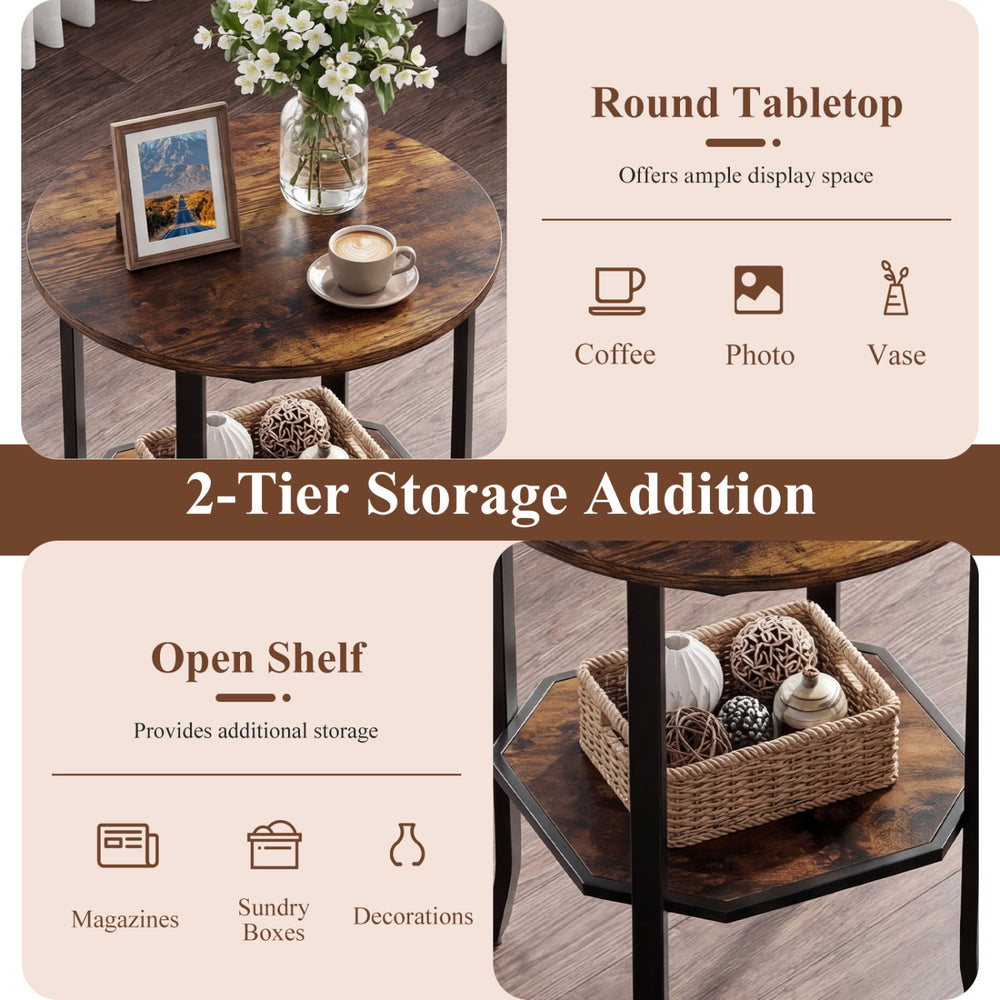 Round side table in rustic brown with a 2-tier design, featuring a round tabletop and open shelf for additional storage.