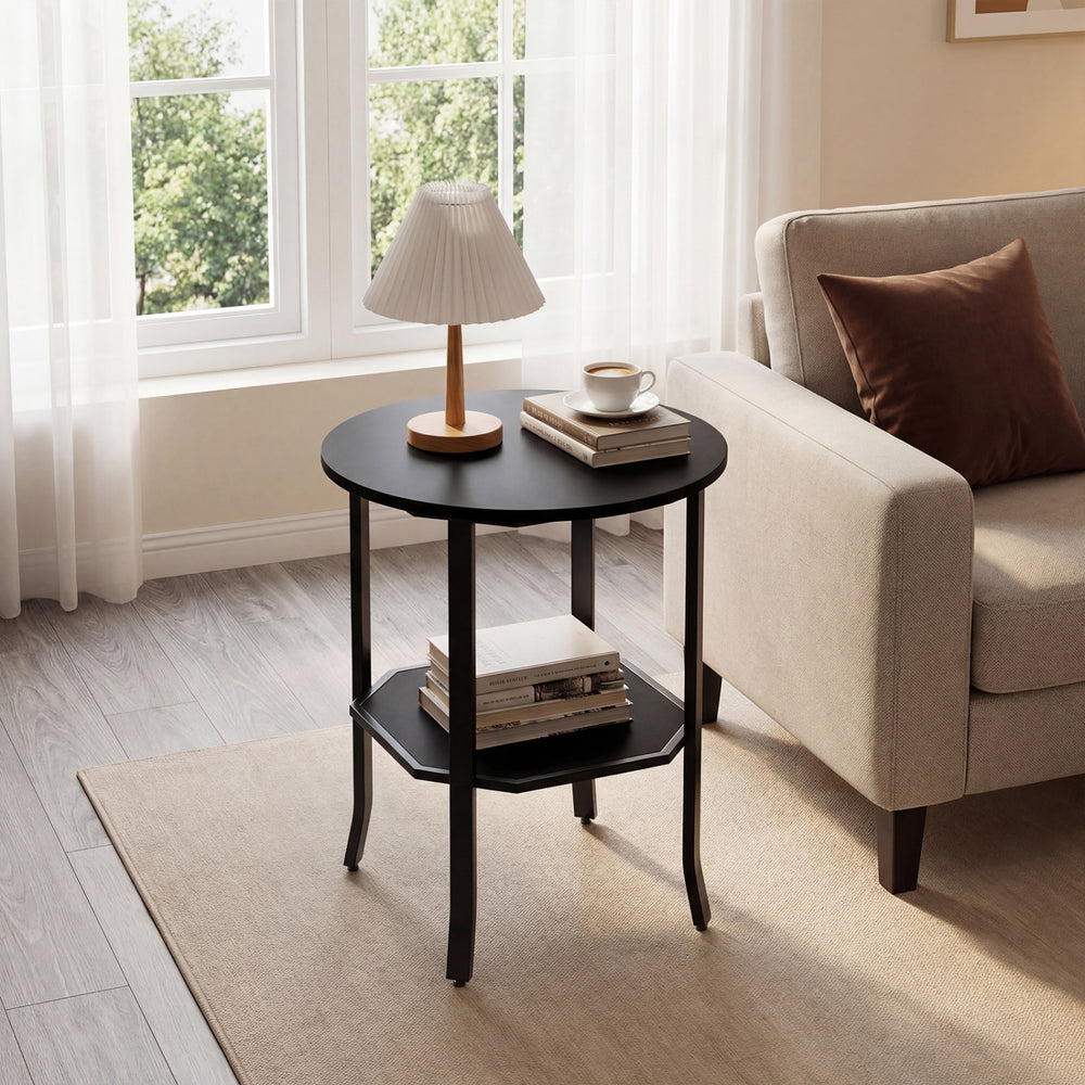 Round Side Table Small End Table with Storage Shelf 2-Tier Nightstand for Small Space-Black - Gallery View 1 of 10