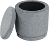 Round gray storage ottoman with removable lid, acacia wood frame, and 7.7-gallon capacity for versatile use.