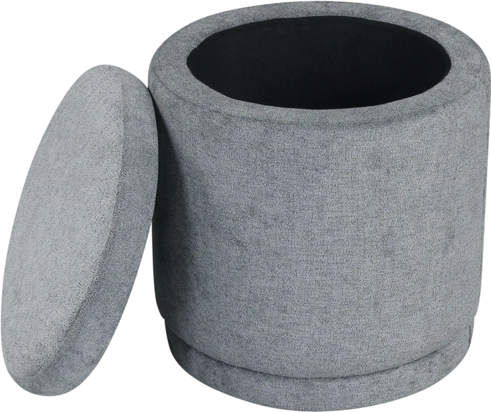 Round gray storage ottoman with removable lid, acacia wood frame, and 7.7-gallon capacity for versatile use.