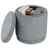 Round gray storage ottoman with removable lid, acacia wood frame, and spacious 7.7-gallon capacity for versatile use.