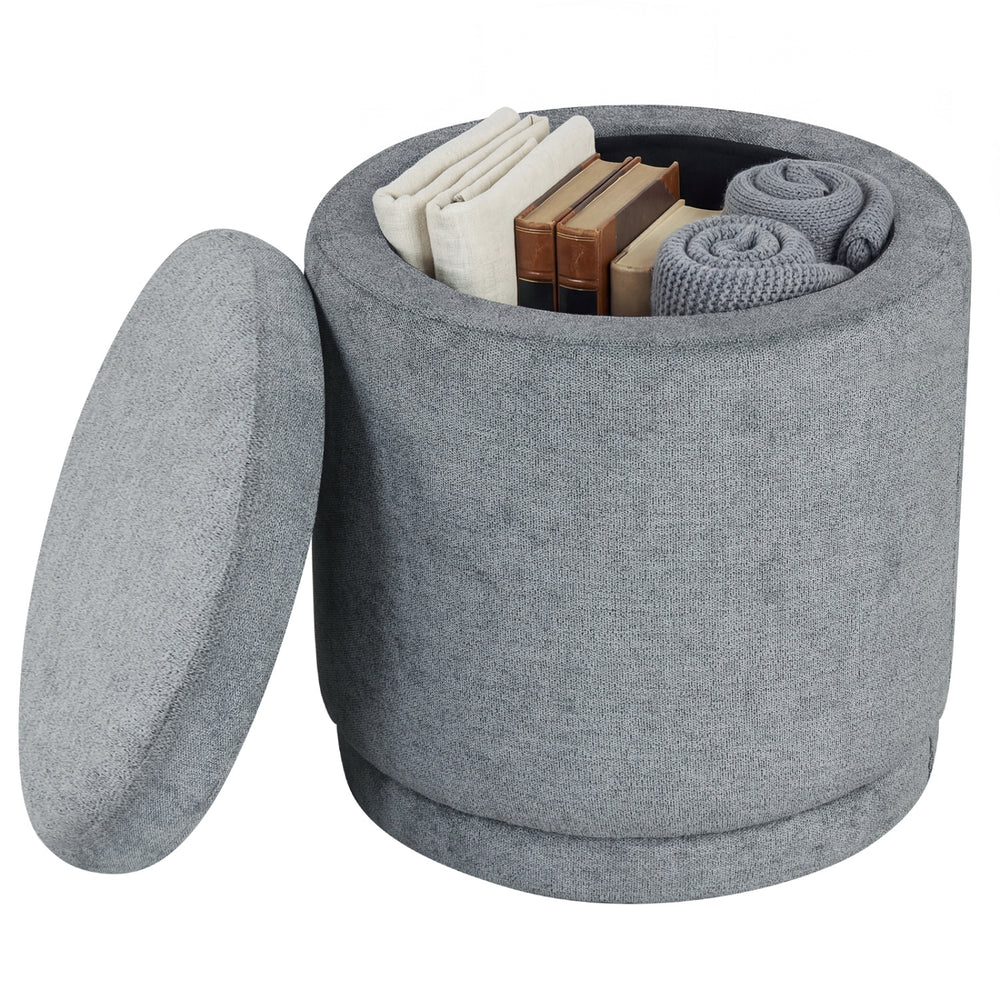 Round gray storage ottoman with removable lid, acacia wood frame, and spacious 7.7-gallon capacity for versatile use.
