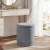 Round gray storage ottoman featuring a removable lid, skin-friendly chenille fabric, perfect for organizing and stylish.
