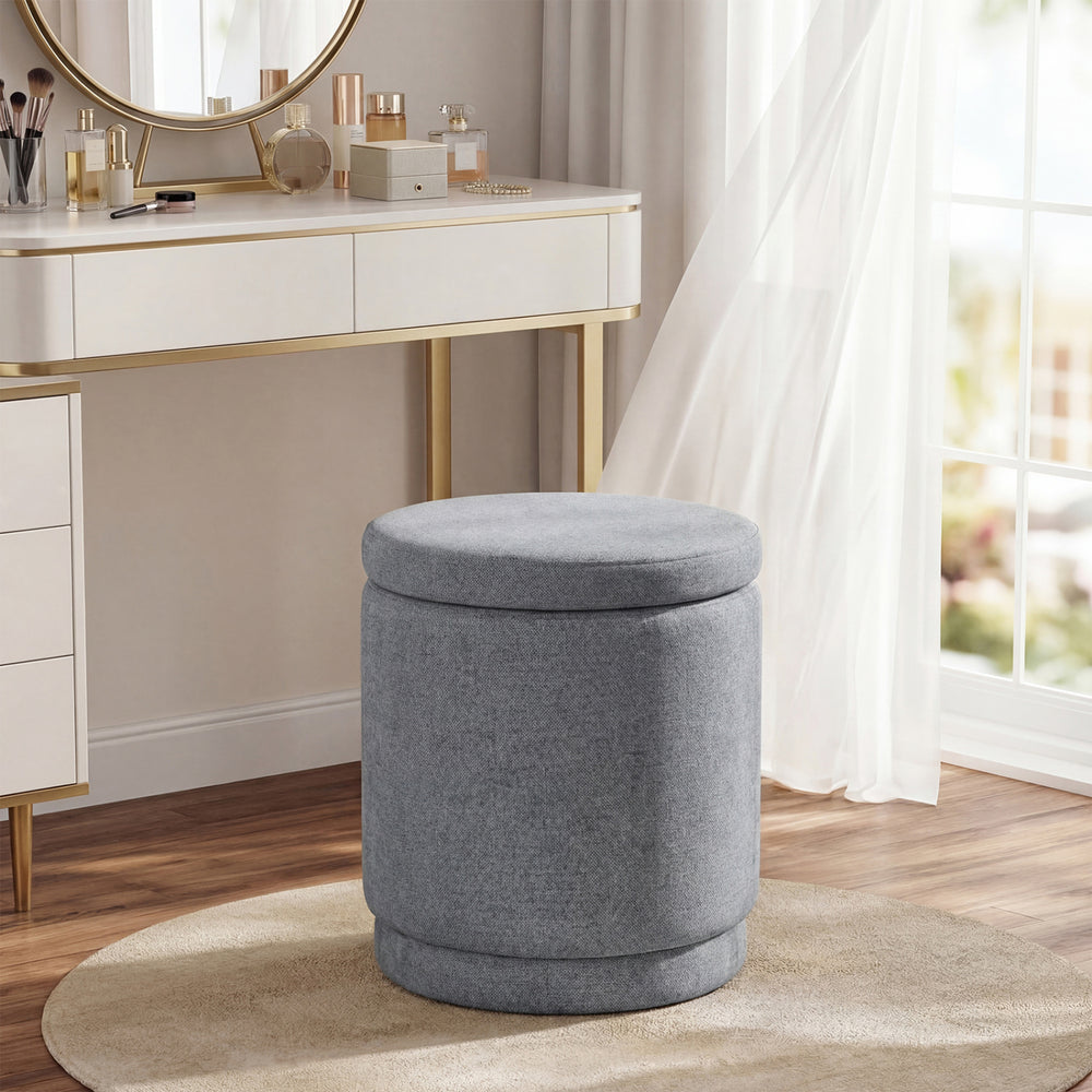Round gray storage ottoman featuring a removable lid, skin-friendly chenille fabric, perfect for organizing and stylish.