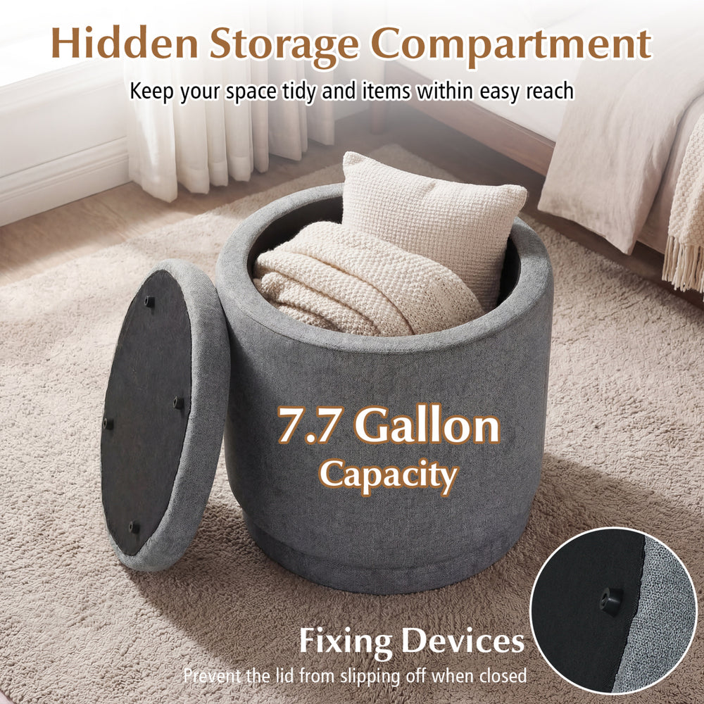 Round gray storage ottoman with removable lid, 7.7-gallon capacity, acacia wood frame, ideal for extra seating and.