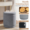 Round gray storage ottoman with removable lid, solid acacia wood frame, supports 400 lbs, ideal for footrest or side.