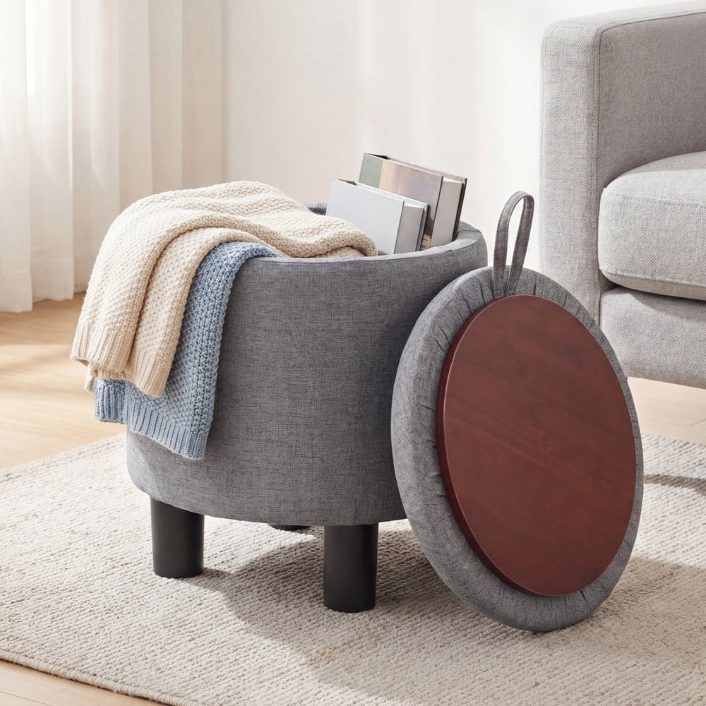 Round Storage Ottoman Linen Fabric Upholstered Footrest Stool-Gray - Gallery View 1 of 10