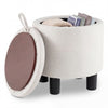 Round storage ottoman in beige linen fabric with removable lid, ideal for storing blankets and books in any room.