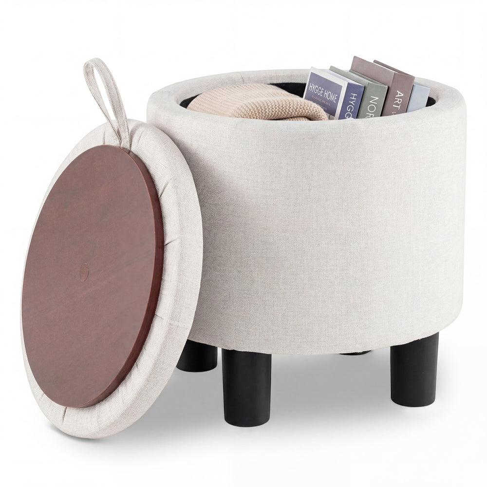 Round storage ottoman in beige linen fabric with removable lid, ideal for storing blankets and books in any room.