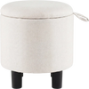 Round storage ottoman in beige linen fabric with removable lid, sturdy legs, ideal for living room or bedroom use.