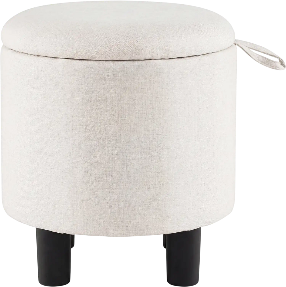 Round storage ottoman in beige linen fabric with removable lid, sturdy legs, ideal for living room or bedroom use.