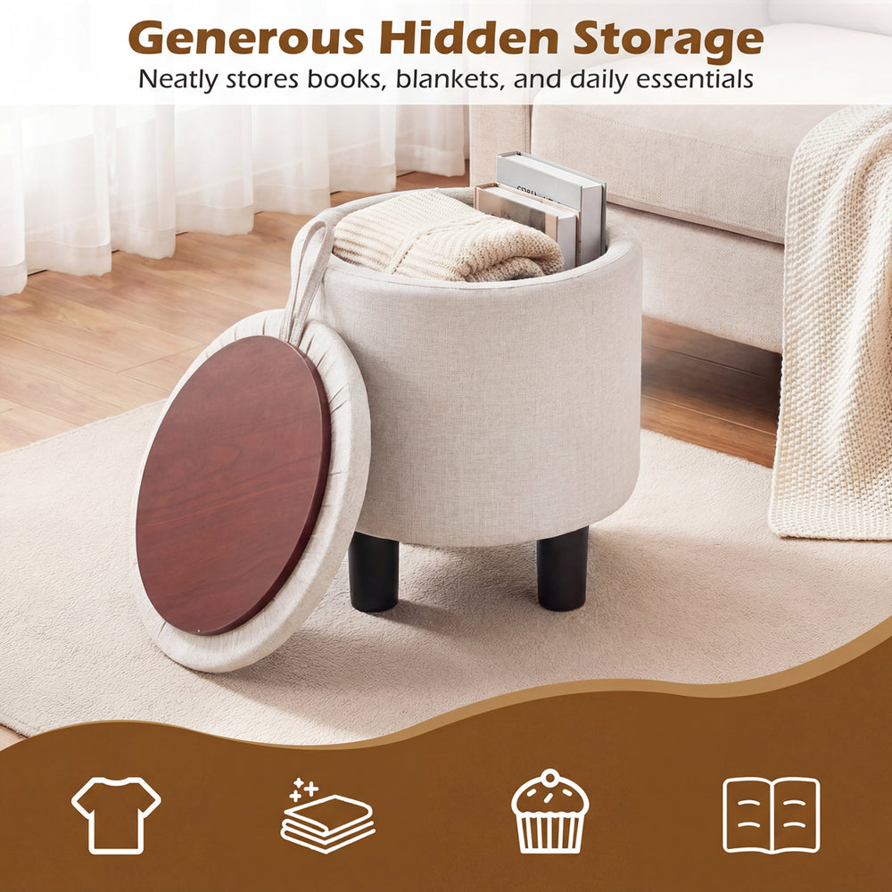 Round storage ottoman in beige linen fabric with removable lid, perfect for storing blankets and books in any room.