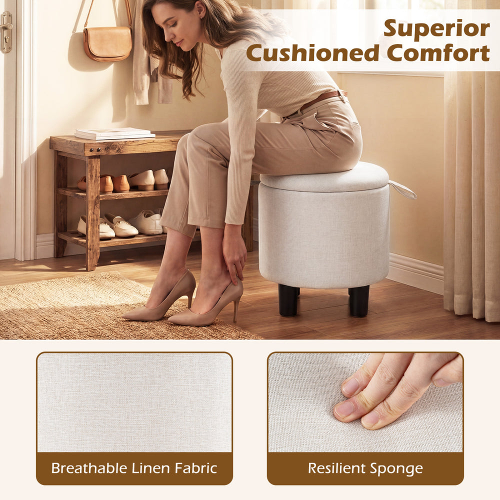 Round beige storage ottoman with breathable linen fabric, removable lid, and sponge filling for comfort in any room.