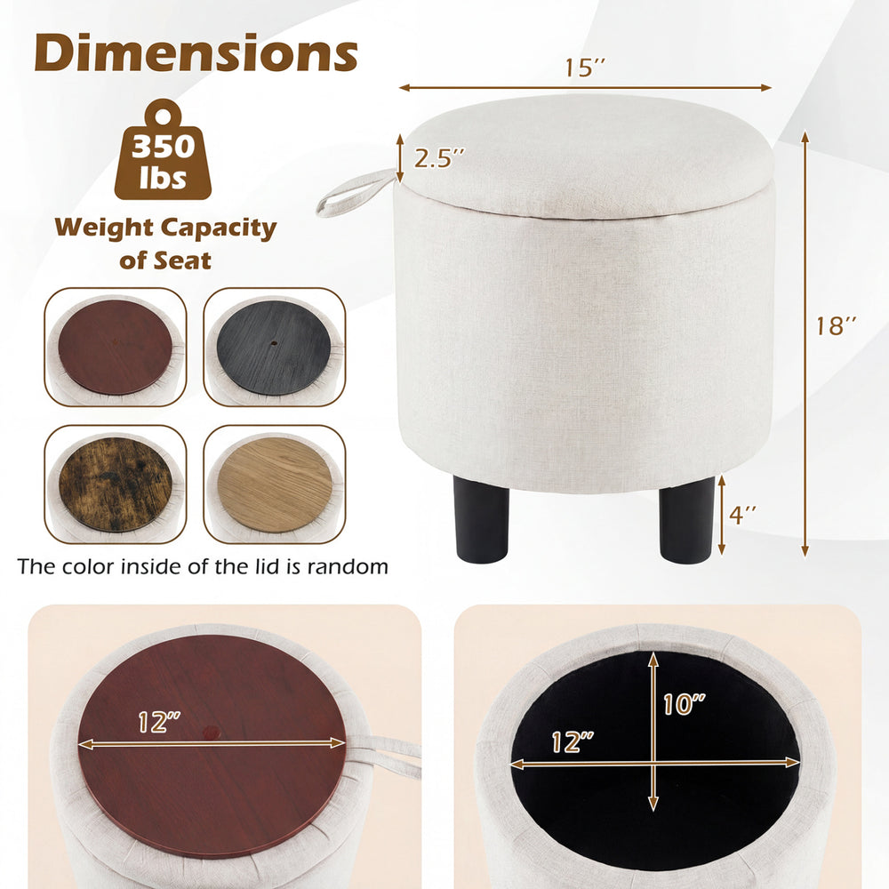 Round beige storage ottoman with removable lid, sturdy wooden frame, and ample space for blankets or books.