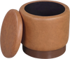 Round storage ottoman in brown faux leather with acacia wood frame, featuring a hidden storage compartment and 360°.