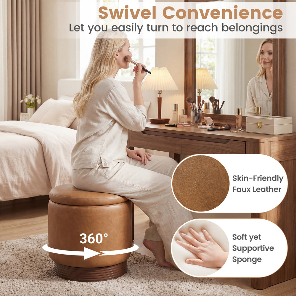Round storage ottoman in brown faux leather with 360° swivel, soft sponge, and hidden storage for versatile use.
