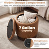 Round storage ottoman in brown with acacia wood frame, featuring a hidden storage compartment and 7-gallon capacity.