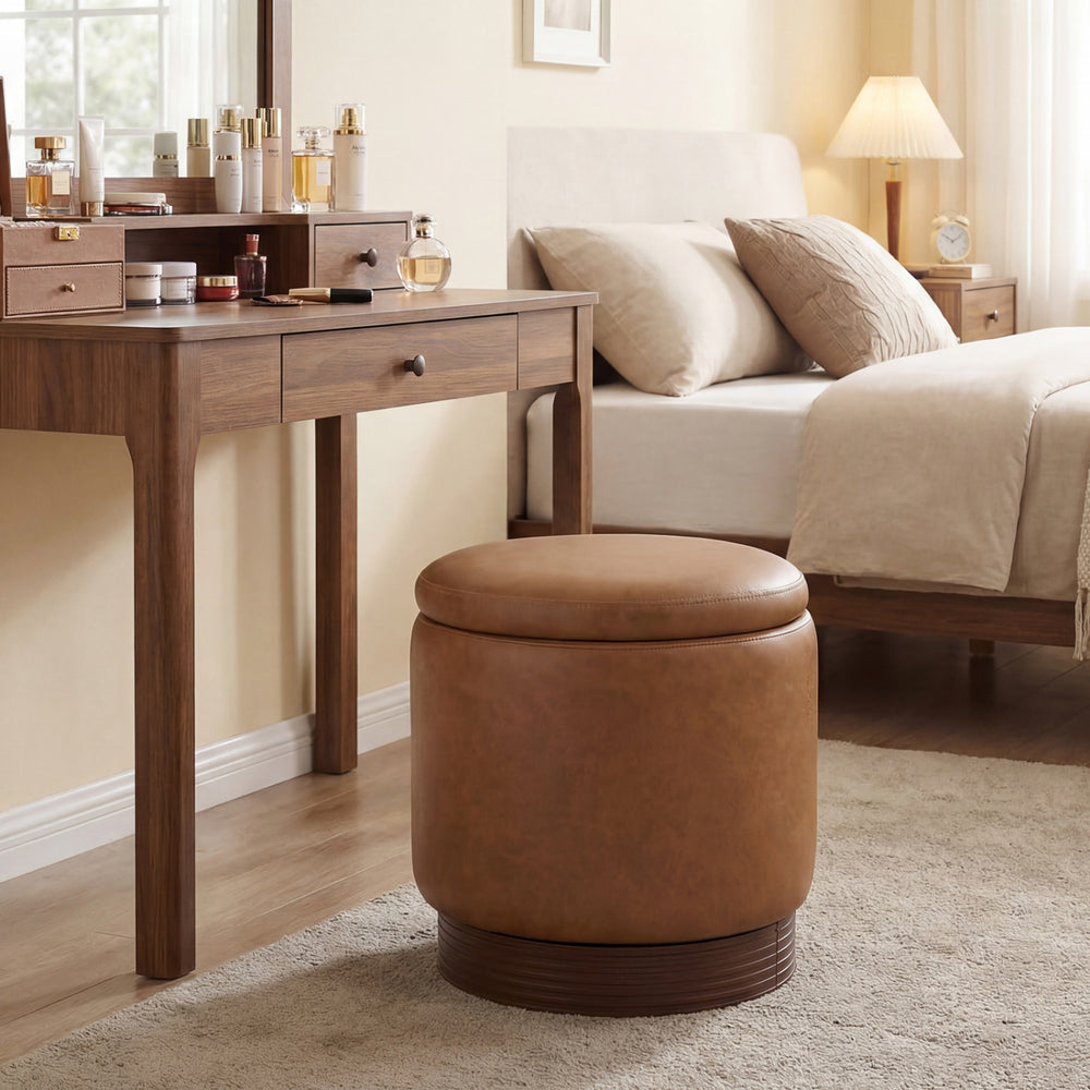 Brown round storage ottoman with acacia wood frame, showcasing a sleek design and hidden storage compartment for.