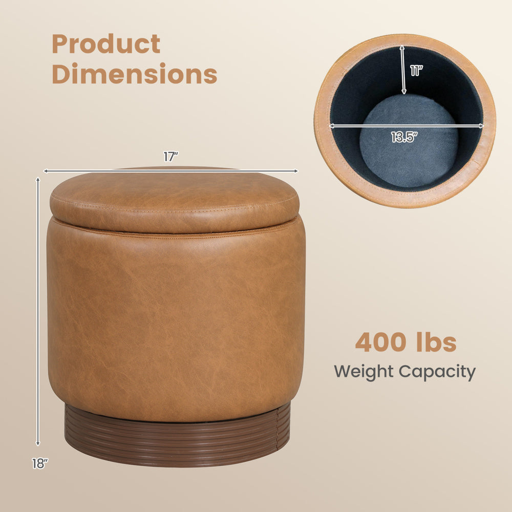 Round storage ottoman in brown with acacia wood frame, 360° swivel, 400 lbs capacity, ideal for living room or bedroom.