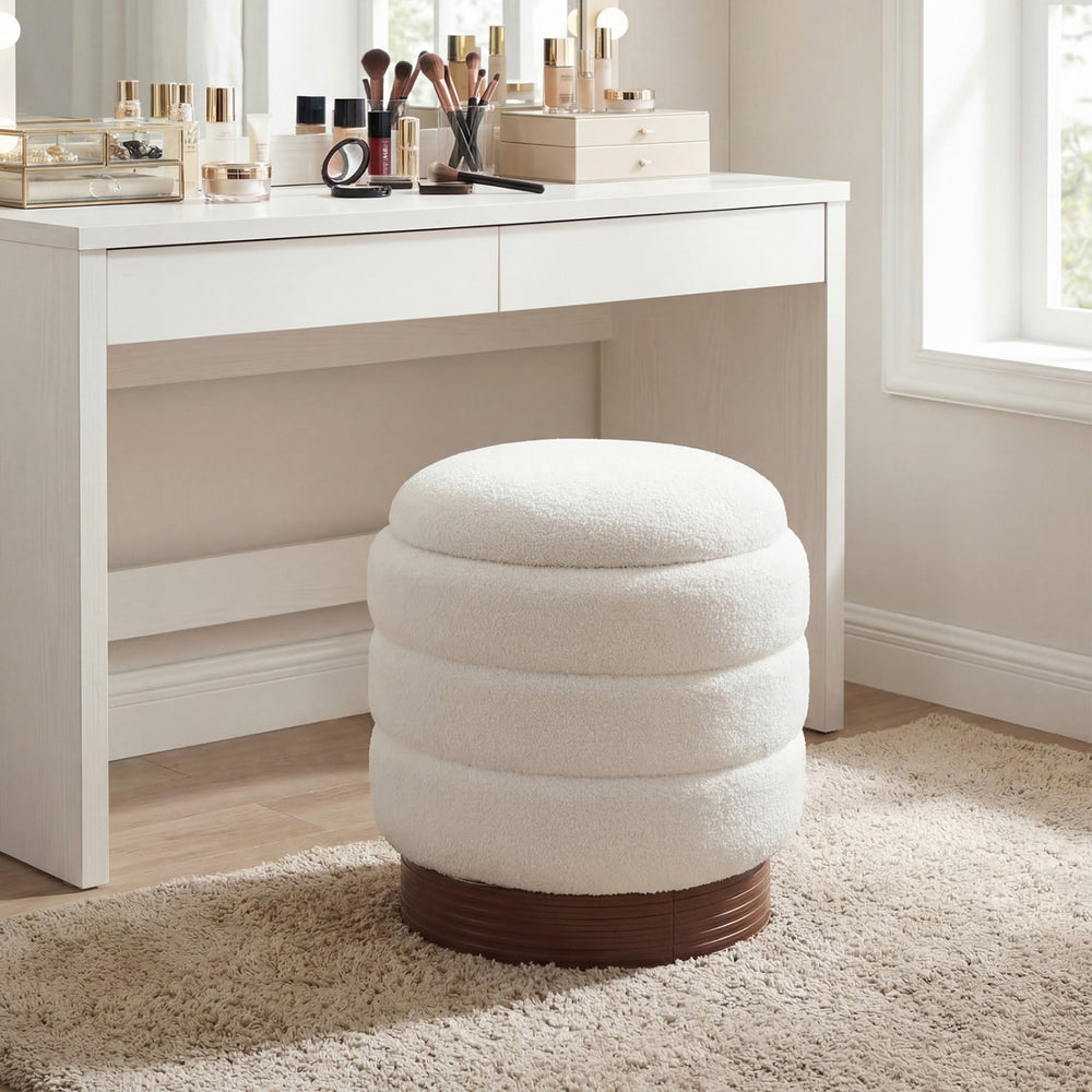 Round Storage Ottoman with Acacia Wood Frame for Living Room-White - Gallery View 1 of 10