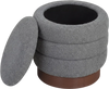 Round gray storage ottoman with acacia wood frame, featuring hidden storage and 360° swivel for versatile living room.