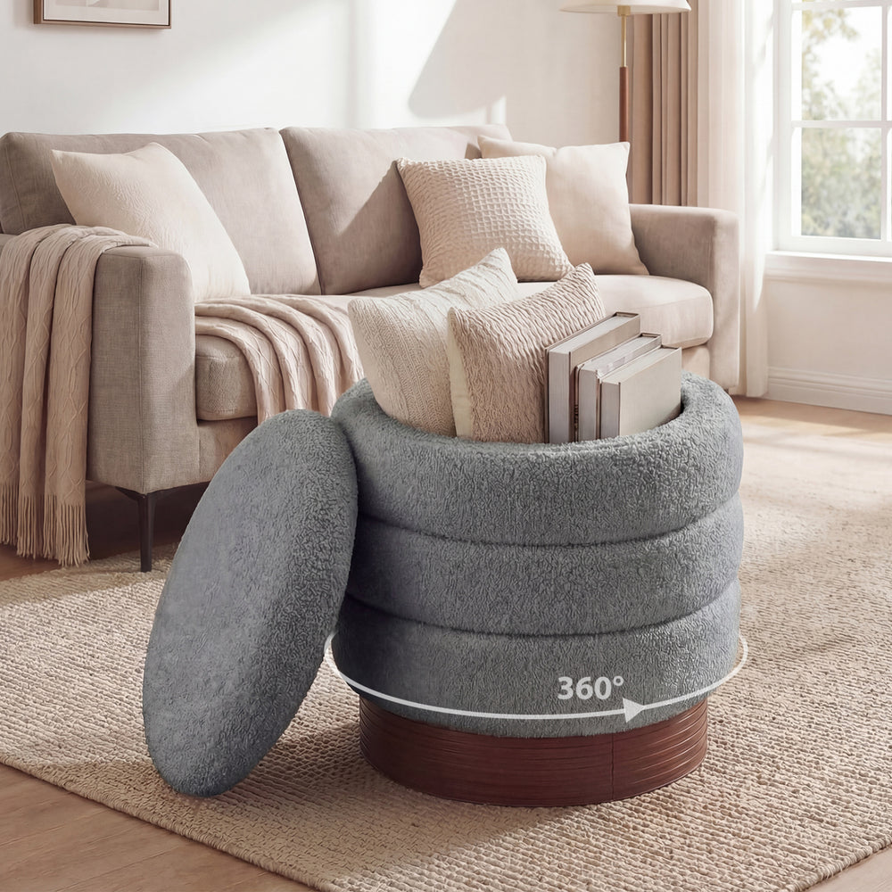 Gray round storage ottoman with acacia wood frame, highlighting cozy boucle fabric and hidden storage for stylish.