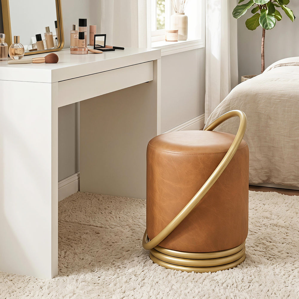 Round Vanity Stool Faux Leather Makeup Chair with Gold Halo Design-Yellow - Gallery View 1 of 10