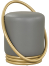 Round grey vanity stool with gold halo design, upholstered faux leather, and adjustable foot pads for versatile use.