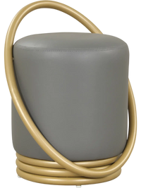 Round grey vanity stool with gold halo design, upholstered faux leather, and adjustable foot pads for versatile use.