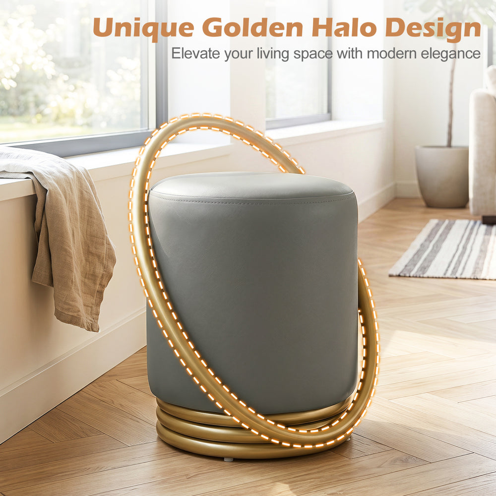 Round vanity stool in grey faux leather with a unique golden halo design, perfect for makeup rooms and living spaces.