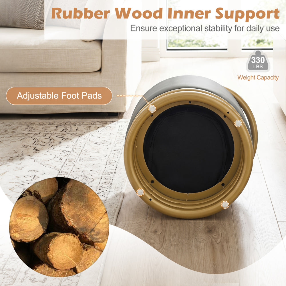 Round vanity stool in grey faux leather with gold halo design, featuring rubber wood support and adjustable foot pads for stability.
