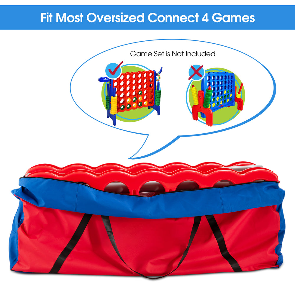 Red and blue carrying bag for Giant 4-in-A-Row game set, made of durable Oxford cloth for easy transport.