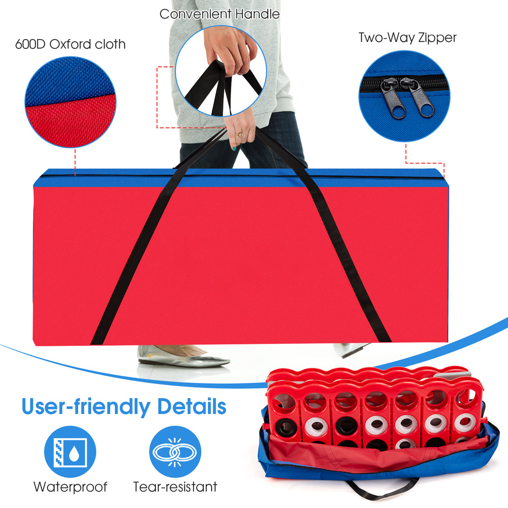 Red carrying bag for Jumbo 4-to-Score game set, made of durable Oxford cloth with ergonomic handle and two-way zipper.