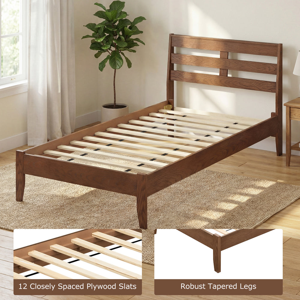 Twin size wood platform bed frame with slat headboard, featuring robust tapered legs and 12 plywood slats for stability.