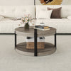 Round 34.5" gray rubber wood center table with spacious tabletop and lower storage shelf, ideal for living rooms.