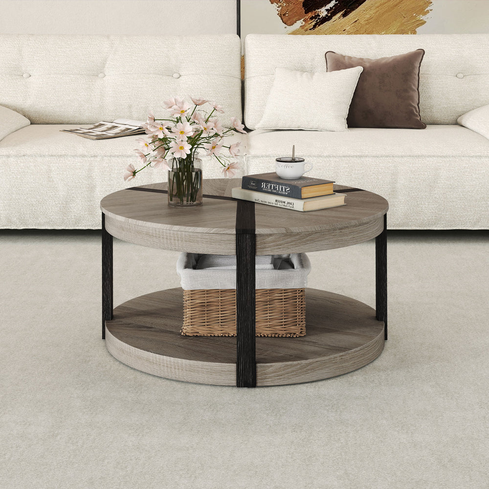 Round 34.5" gray rubber wood center table with spacious tabletop and lower storage shelf, ideal for living rooms.