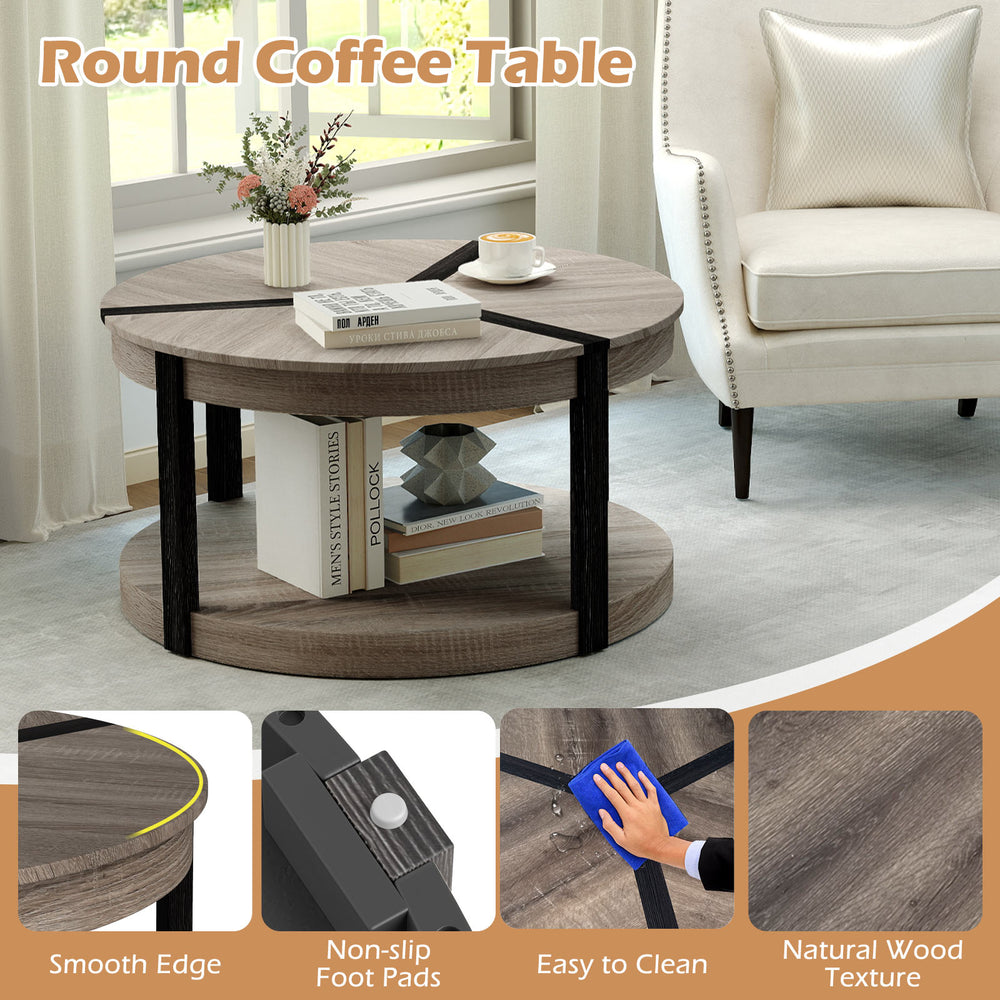Round coffee table with a gray rubber wood finish, featuring a spacious tabletop and lower storage shelf for.