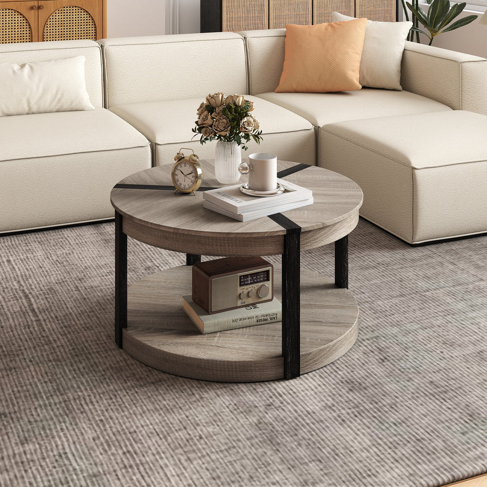 Gray 34.5" round center table with a rubber wood frame, showcasing smooth edges and a lower shelf for organized storage.