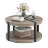 34.5" rubber wood round center table with smooth edges, two tiers, and a storage shelf, perfect for stylish living.