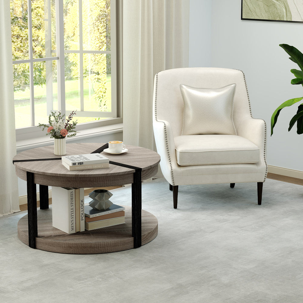 Round 2-tier center table in gray rubber wood with spacious tabletop and lower storage shelf, ideal for living rooms.