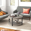 Round 34.5" gray rubber wood center table with spacious tabletop and lower storage shelf, ideal for modern living rooms.