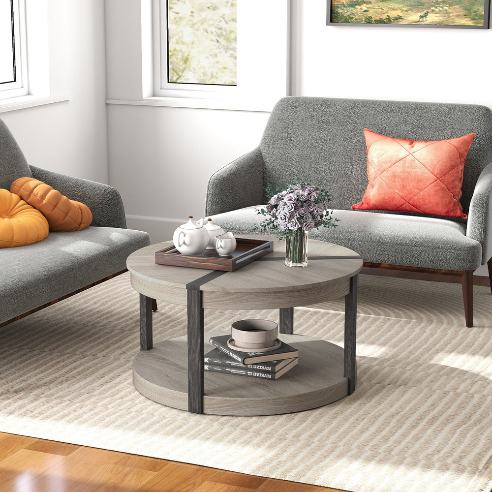 Round 34.5" gray rubber wood center table with spacious tabletop and lower storage shelf, ideal for modern living rooms.