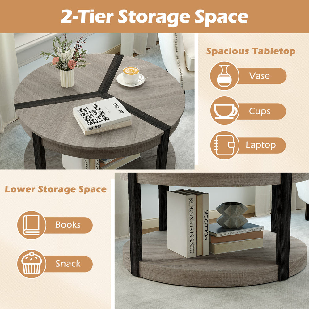 34.5" round center table in gray with rubber wood frame, spacious tabletop, and lower storage for books and snacks.