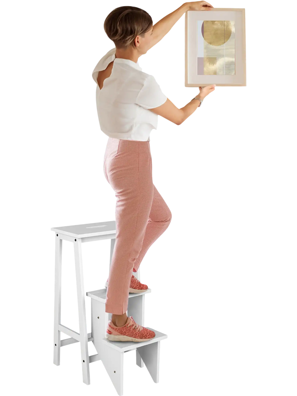 Three-tier folding ladder stool in white, made of premium rubber wood, ideal for storage and reaching high places.