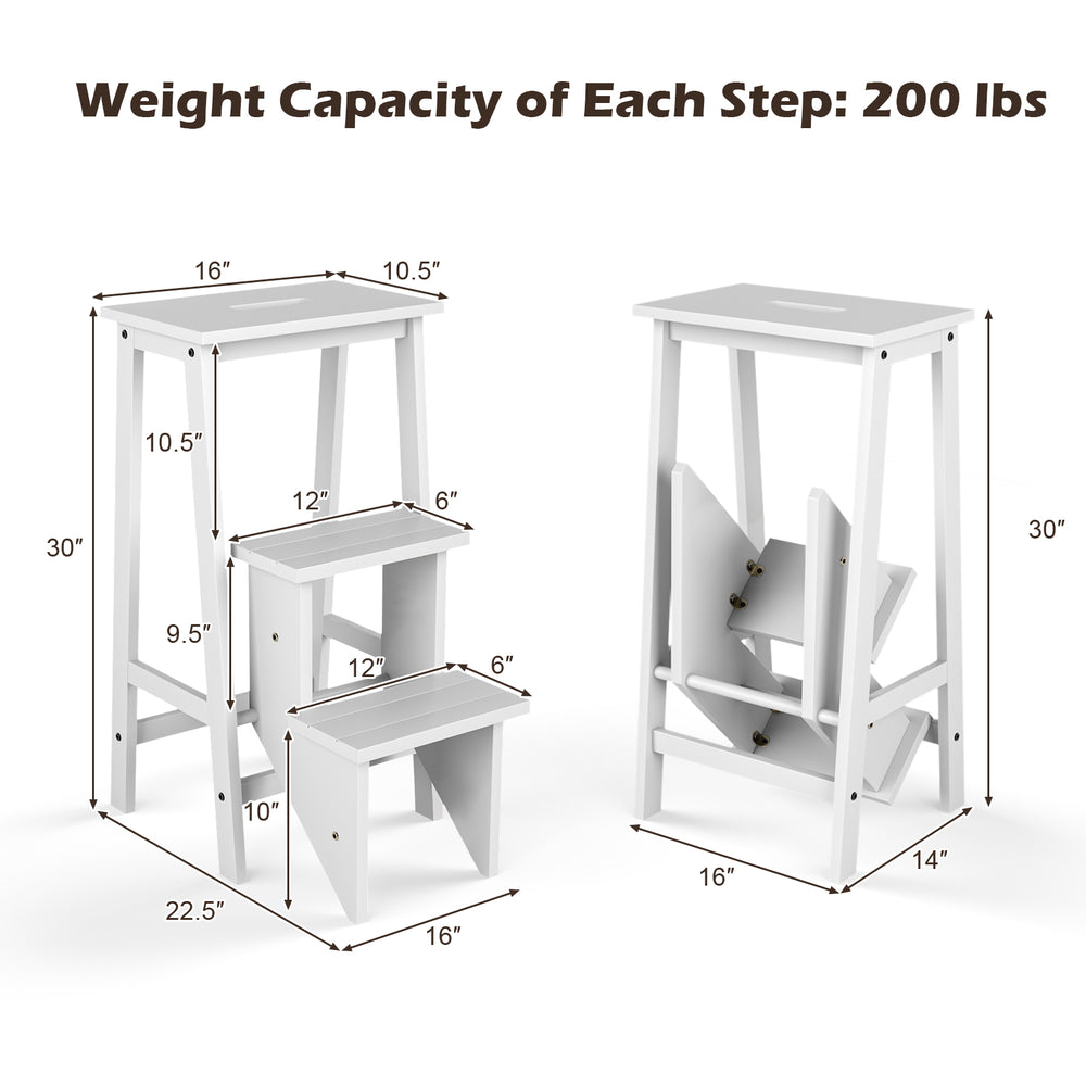 3-tier folding step stool in white, made of premium rubber wood, ideal for storage and reaching high places.