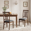 Set of 2 brown rubber wood dining chairs with lattice backrest and soft padded seats, ideal for kitchen or dining room.