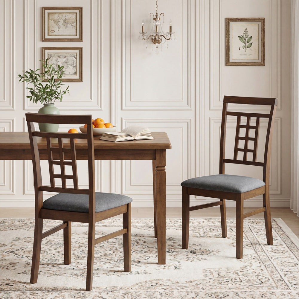 Set of 2 brown rubber wood dining chairs with lattice backrest and soft padded seats, ideal for kitchen or dining room.